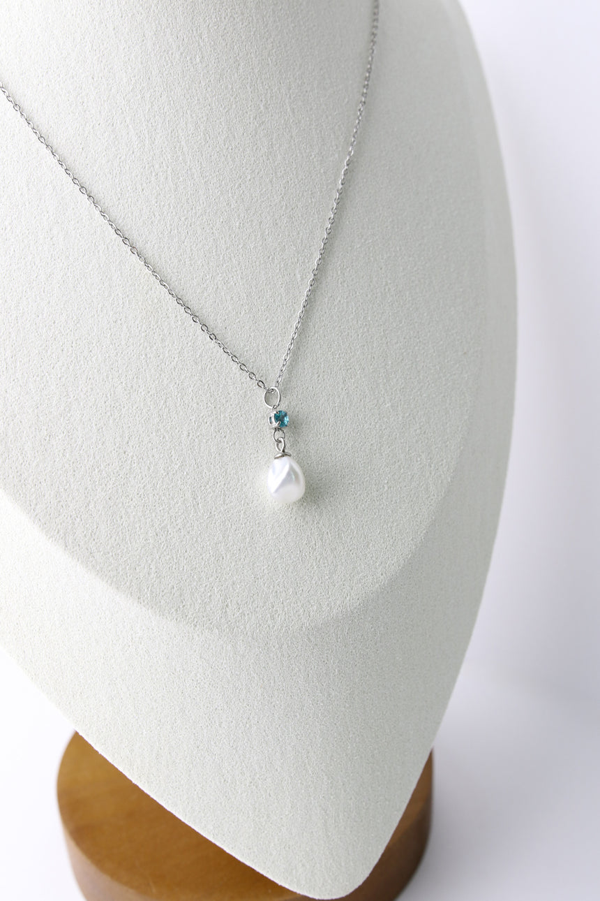 White Baroque Pearl Pendant with Turquoise Accent on Silver-tone Chain