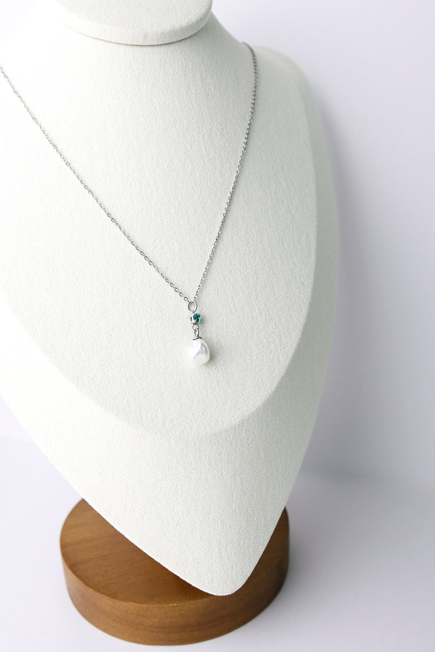 White Baroque Pearl Pendant with Turquoise Accent on Silver-tone Chain