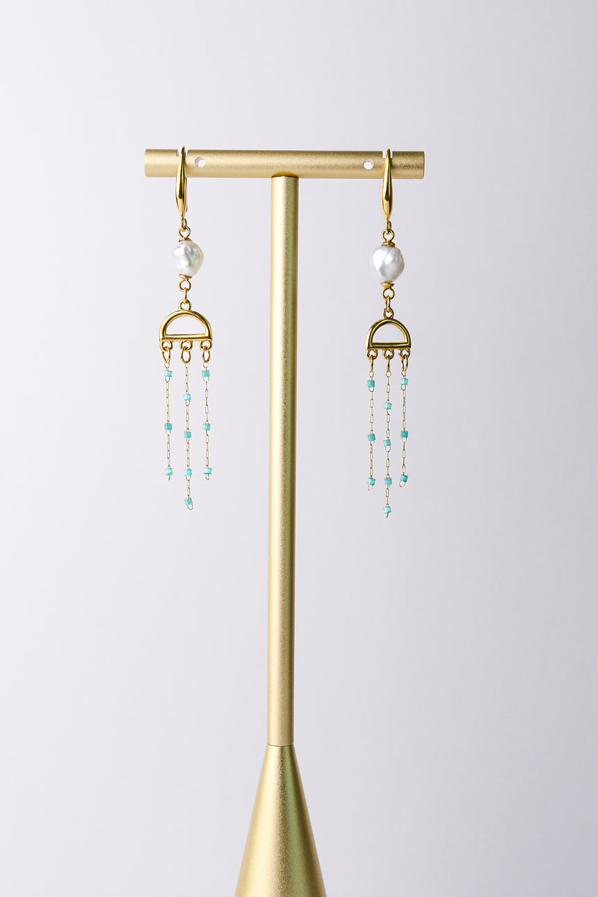 White Baroque Pearl with Turquoise Gold Waterfall Earrings