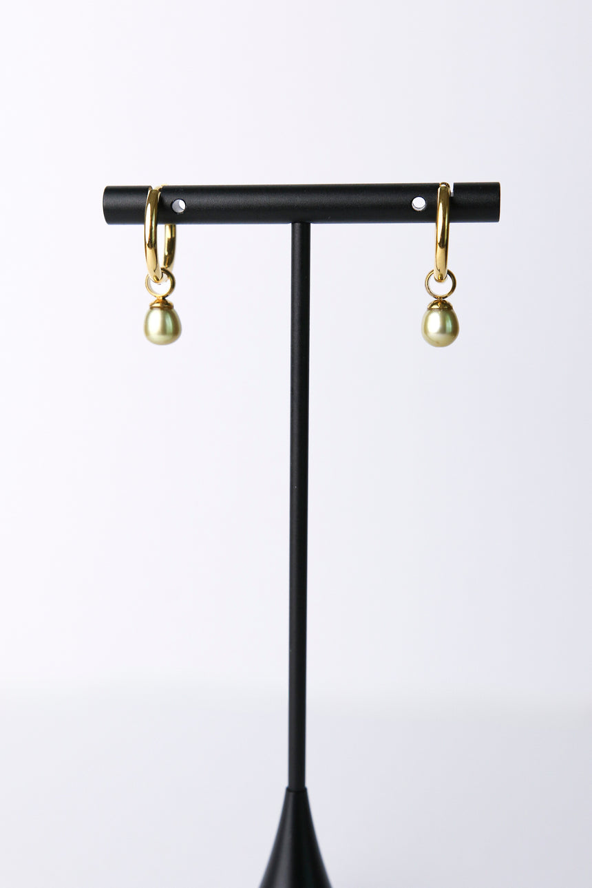 Tahitian Pistachio Pearl Gold Hoop Earrings