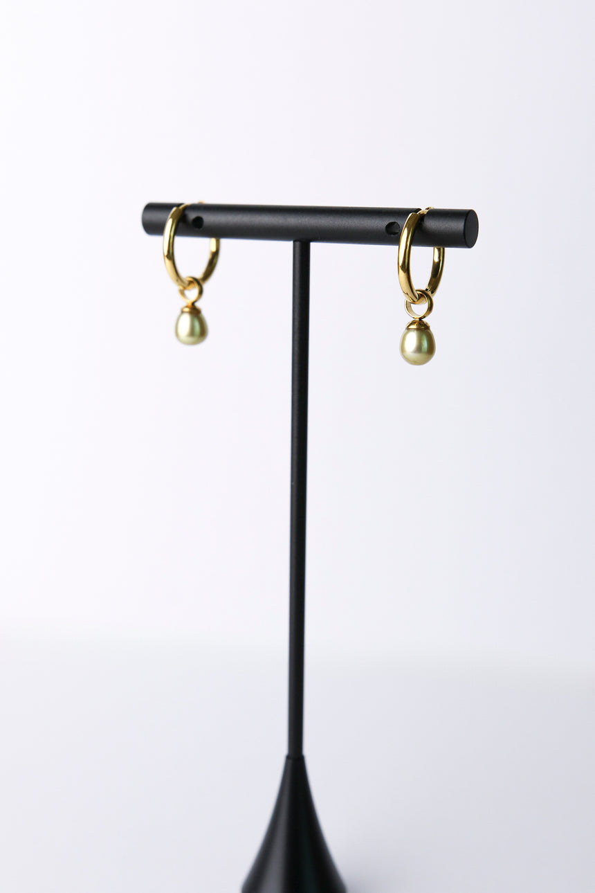 Tahitian Pistachio Pearl Gold Hoop Earrings