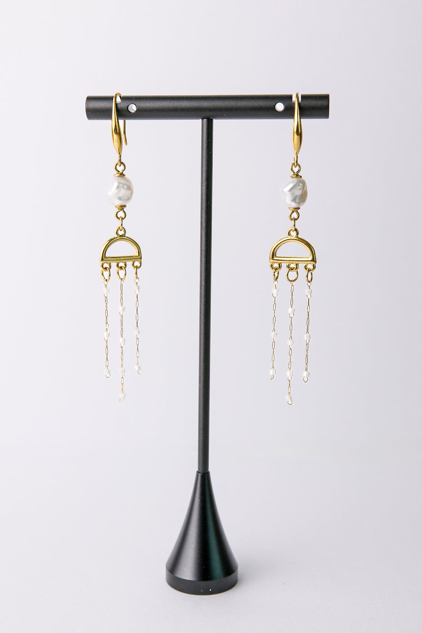 White Baroque Pearl with White & Gold Waterfall Earrings