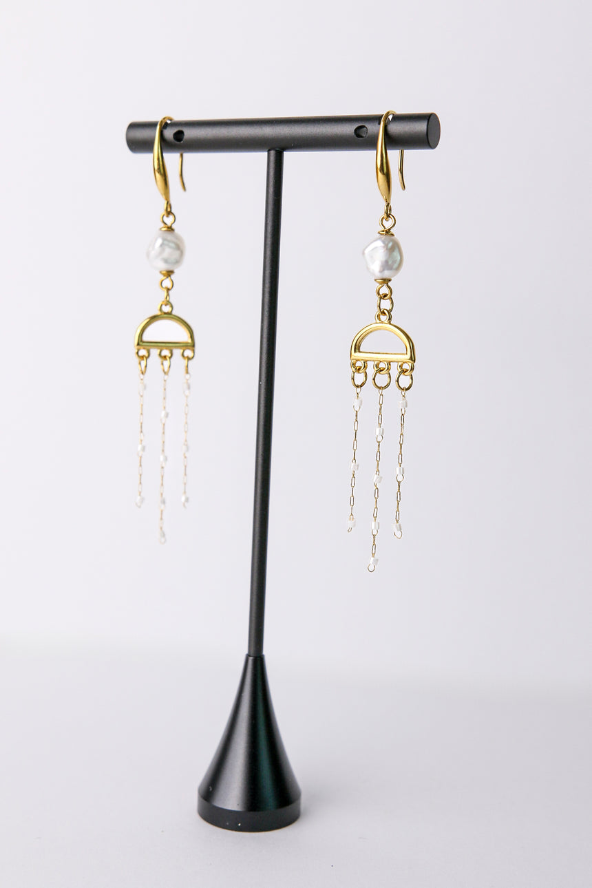 White Baroque Pearl with White & Gold Waterfall Earrings