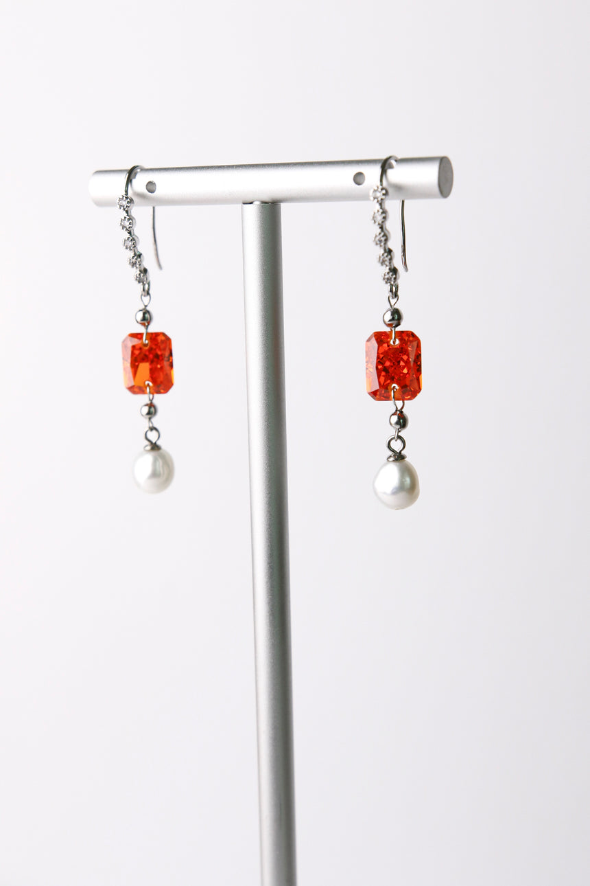 White Baroque Pearl with Orange Accent & Diamond Stimulant Earrings