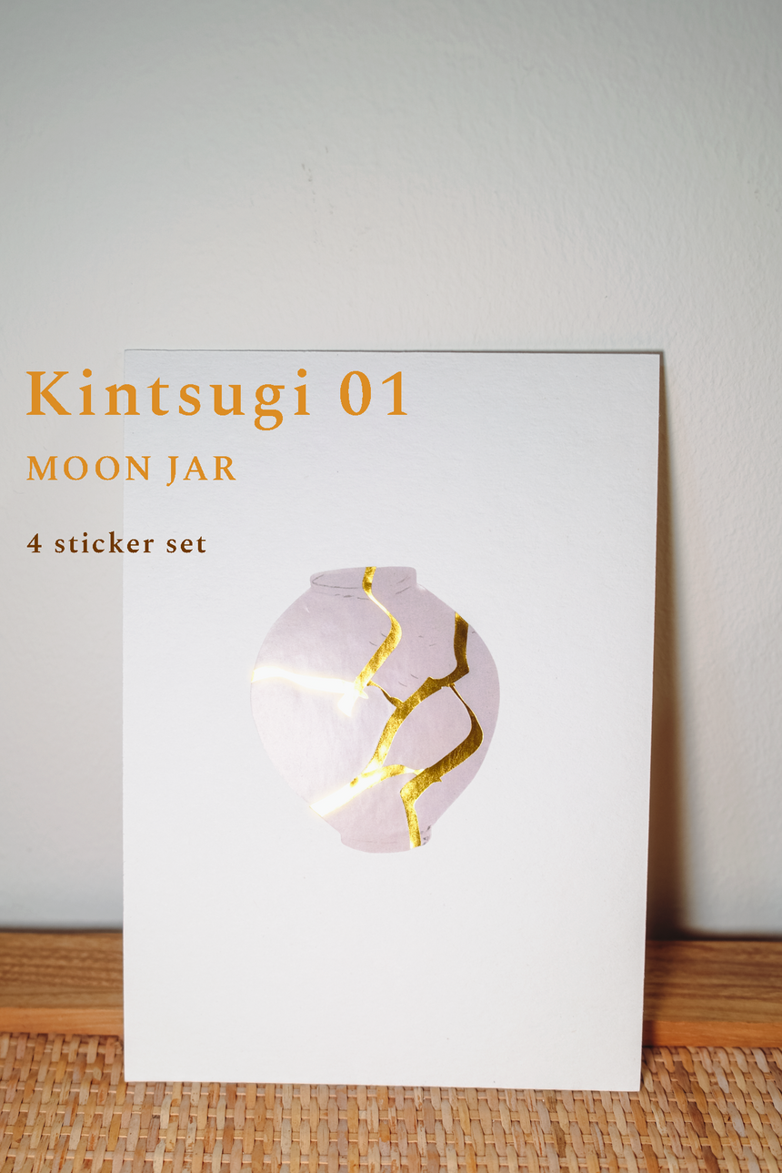 Kintsugi Moon Jar Art Set • Gold Foil Stickers • A5 Cotton Paper Gift