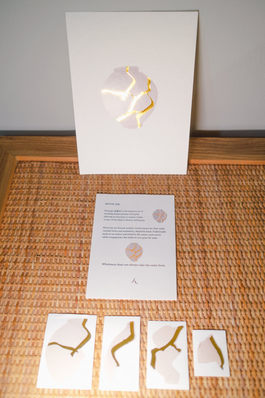 Kintsugi Moon Jar Art Set • Gold Foil Stickers • A5 Cotton Paper Gift