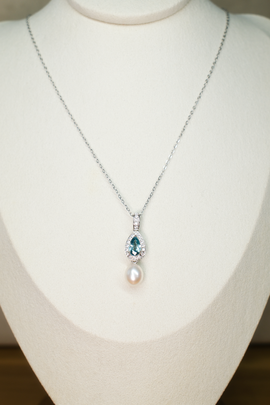 Blue Tourmaline Pearl Drop Pendant Necklace •  Directly Sourced • Natural Cambodian Tourmaline • Sterling Silver