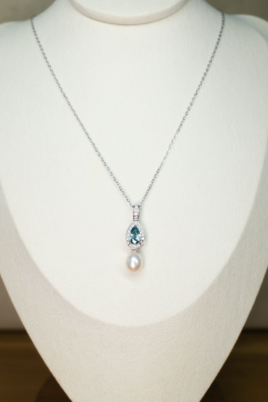 Blue Tourmaline Pearl Drop Pendant Necklace •  Directly Sourced • Natural Cambodian Tourmaline • Sterling Silver