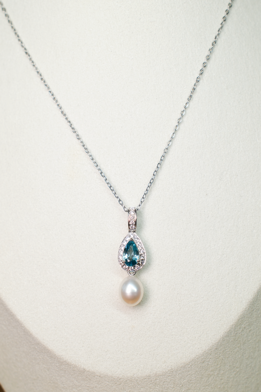 Blue Tourmaline Pearl Drop Pendant Necklace •  Directly Sourced • Natural Cambodian Tourmaline • Sterling Silver