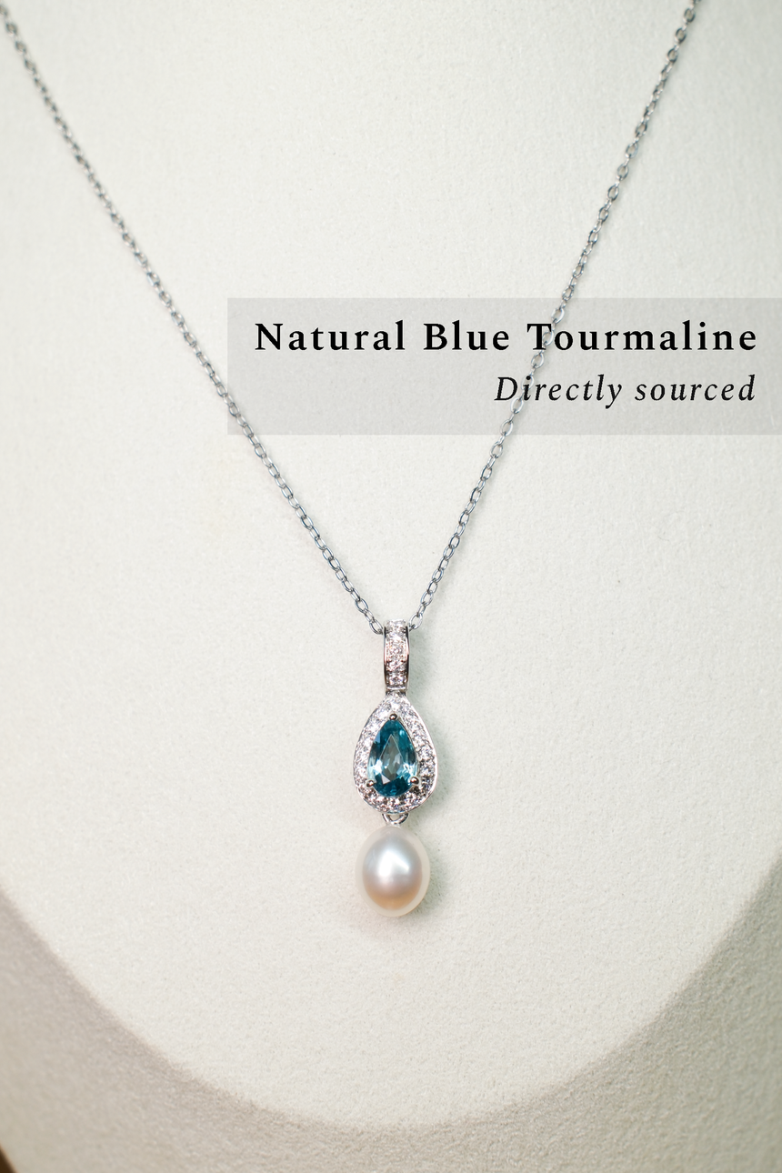 Blue Tourmaline Pearl Drop Pendant Necklace •  Directly Sourced • Natural Cambodian Tourmaline • Sterling Silver