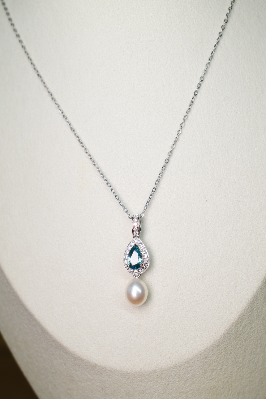 Blue Tourmaline Pearl Drop Pendant Necklace •  Directly Sourced • Natural Cambodian Tourmaline • Sterling Silver