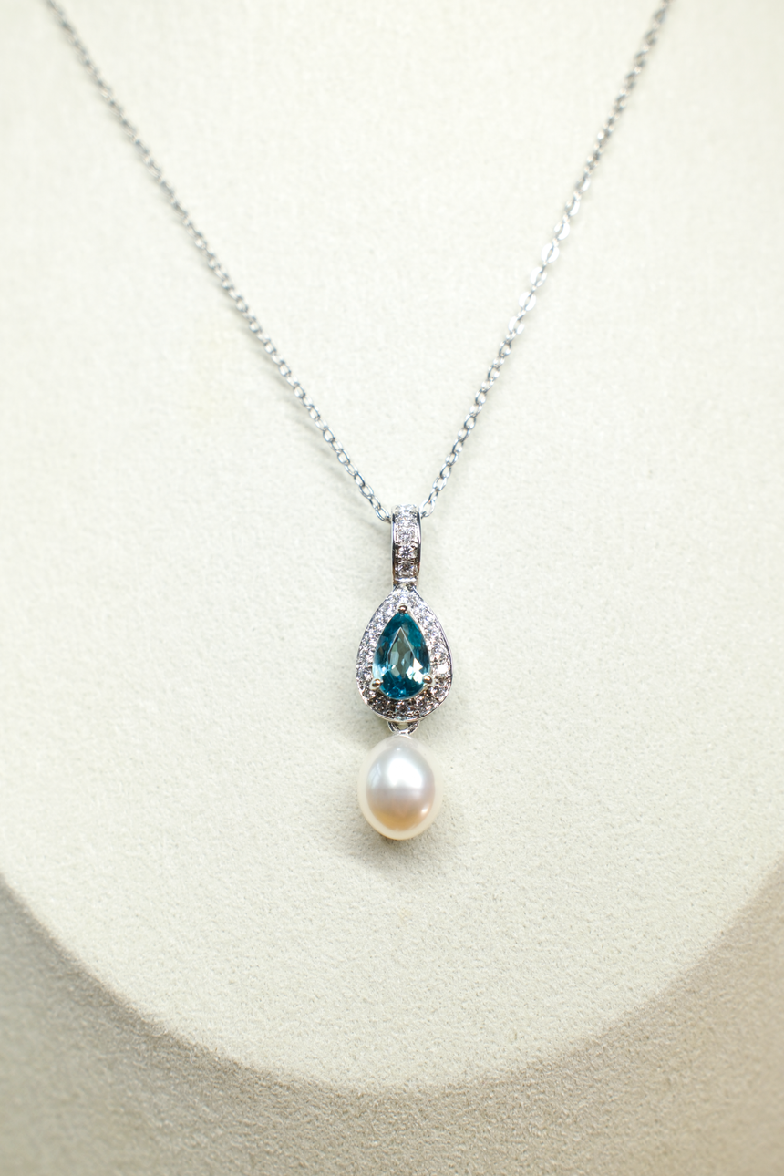 Blue Tourmaline Pearl Drop Pendant Necklace •  Directly Sourced • Natural Cambodian Tourmaline • Sterling Silver