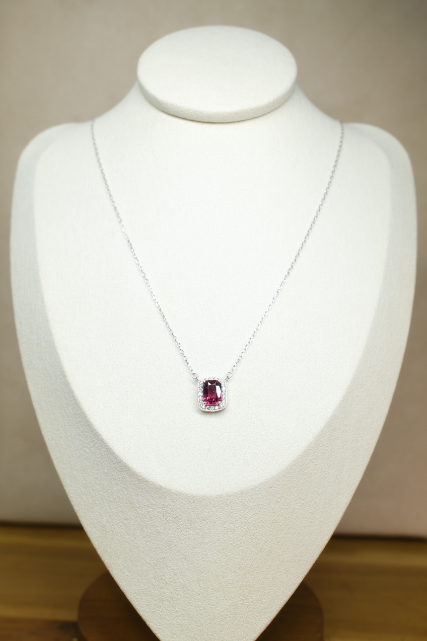 Rhodolite Garnet Cushion Pendant Necklace • Certified Natural Sri Lankan Rhodolite • Rhodium-Plated 925 Silver