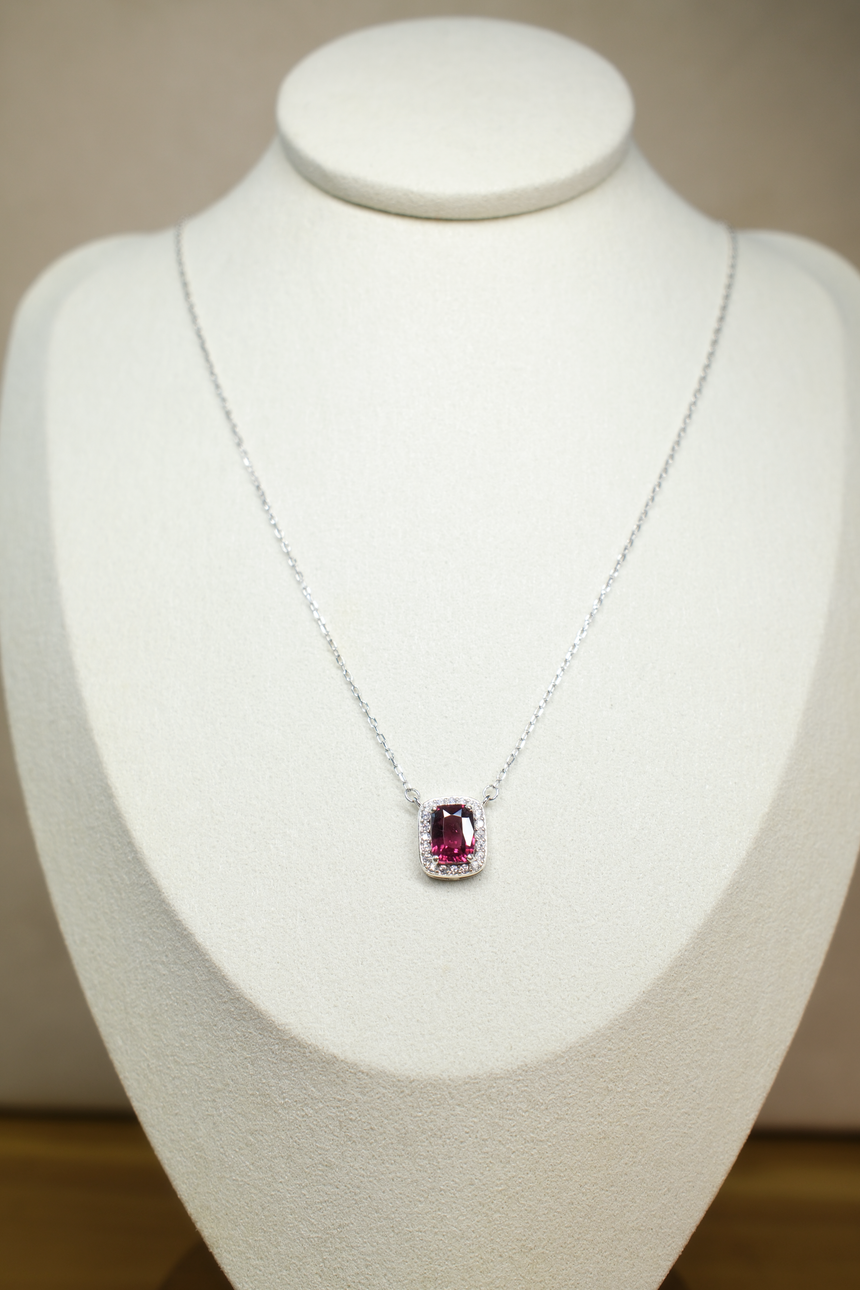 Rhodolite Garnet Cushion Pendant Necklace • Certified Natural Sri Lankan Rhodolite • Rhodium-Plated 925 Silver