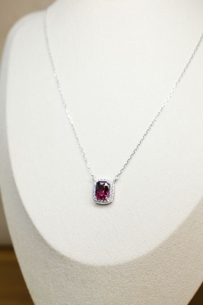 Rhodolite Garnet Cushion Pendant Necklace • Certified Natural Sri Lankan Rhodolite • Rhodium-Plated 925 Silver
