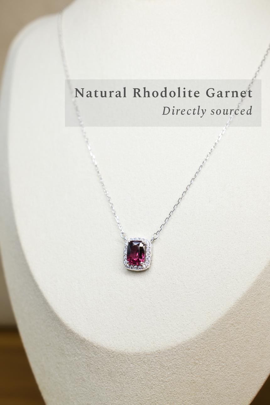 Rhodolite Garnet Cushion Pendant Necklace • Certified Natural Sri Lankan Rhodolite • Rhodium-Plated 925 Silver