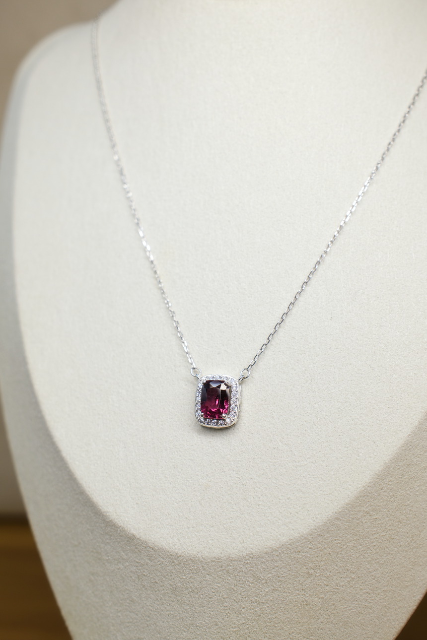 Rhodolite Garnet Cushion Pendant Necklace • Certified Natural Sri Lankan Rhodolite • Rhodium-Plated 925 Silver