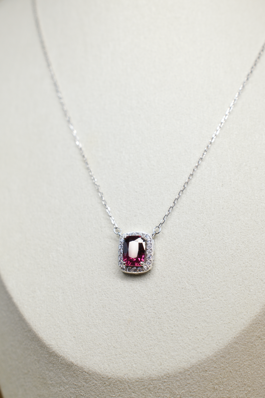 Rhodolite Garnet Cushion Pendant Necklace • Certified Natural Sri Lankan Rhodolite • Rhodium-Plated 925 Silver