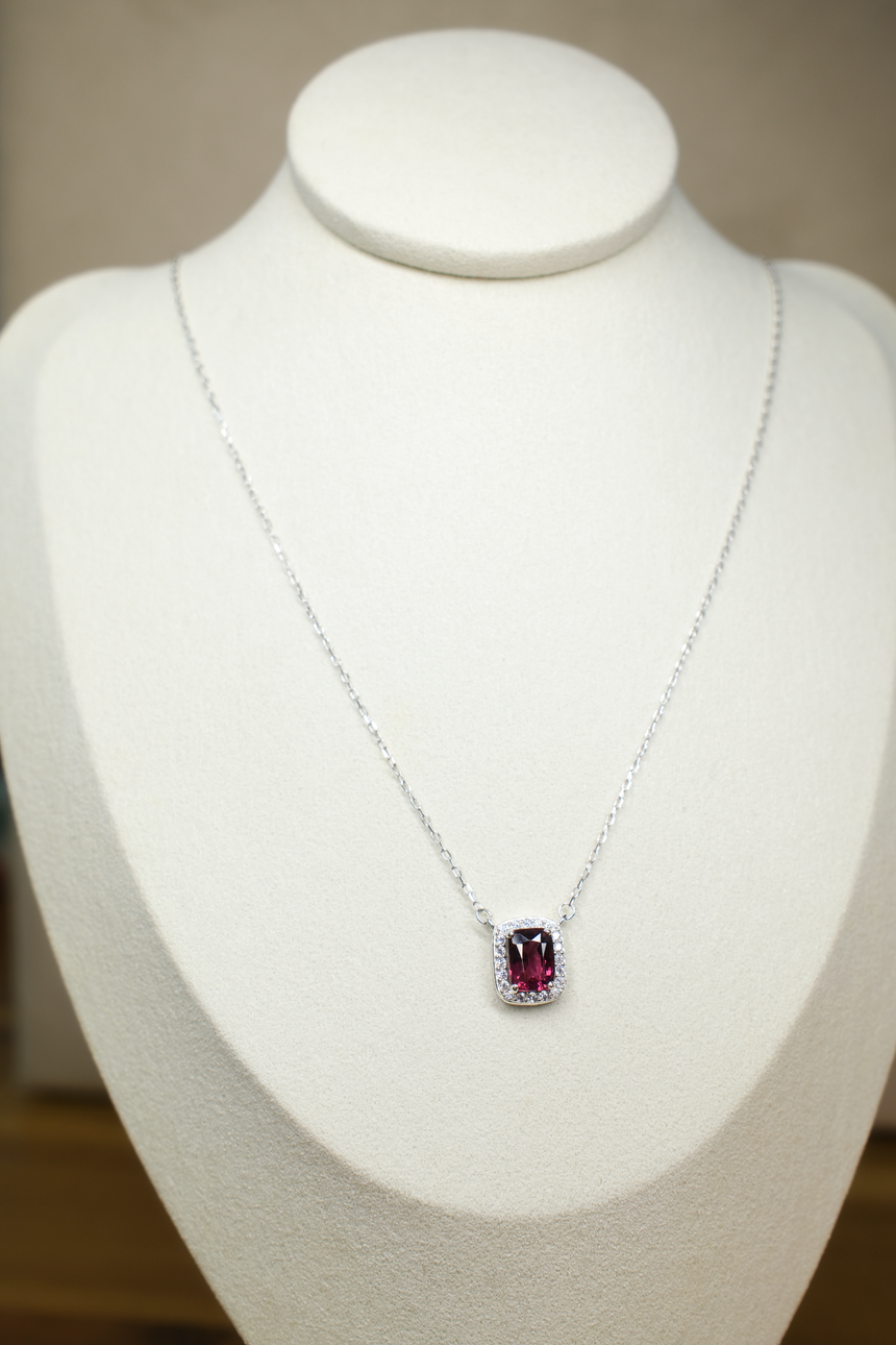Rhodolite Garnet Cushion Pendant Necklace • Certified Natural Sri Lankan Rhodolite • Rhodium-Plated 925 Silver