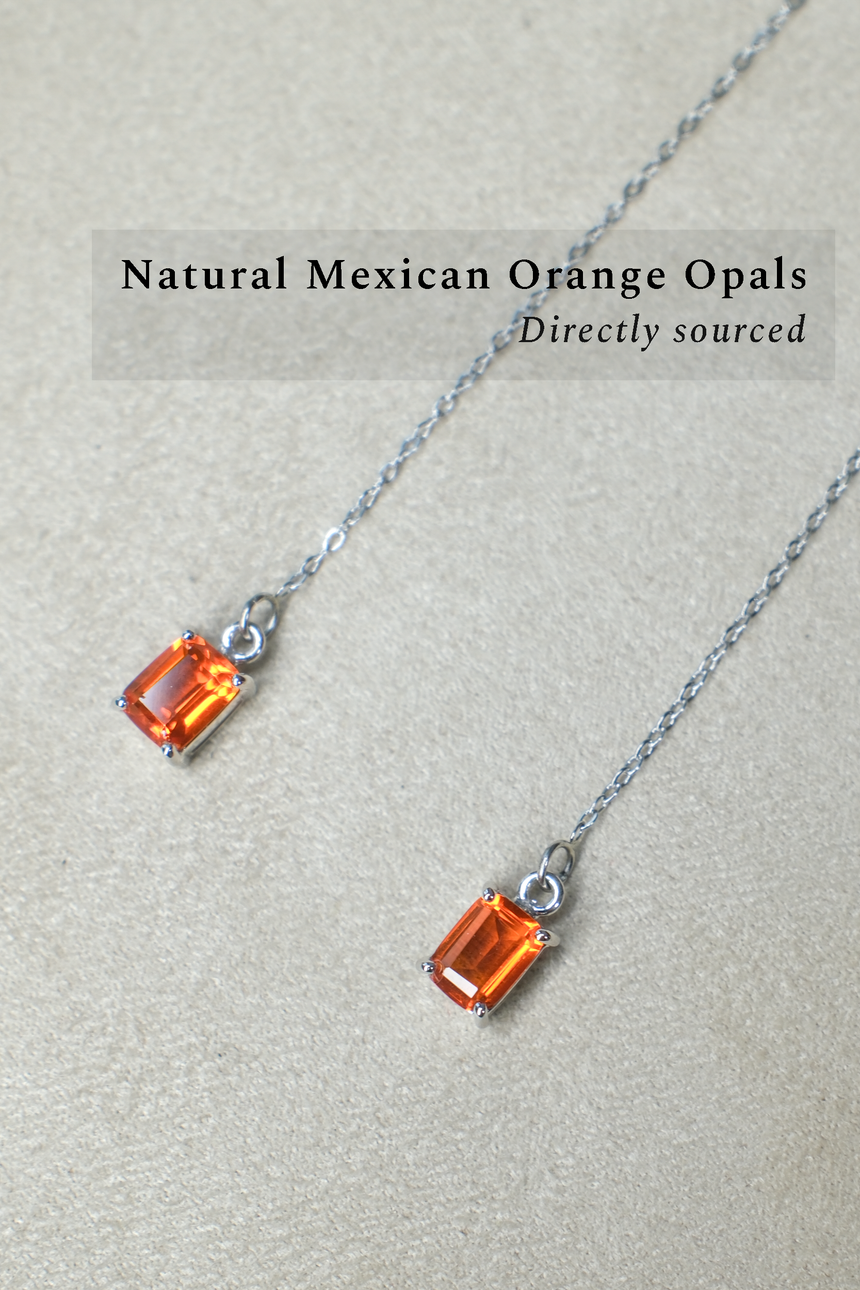 Orange Fire Opal Earrings Chain • Natural Unheated Mexican Opal • Directly Sourced • Sterling Silver