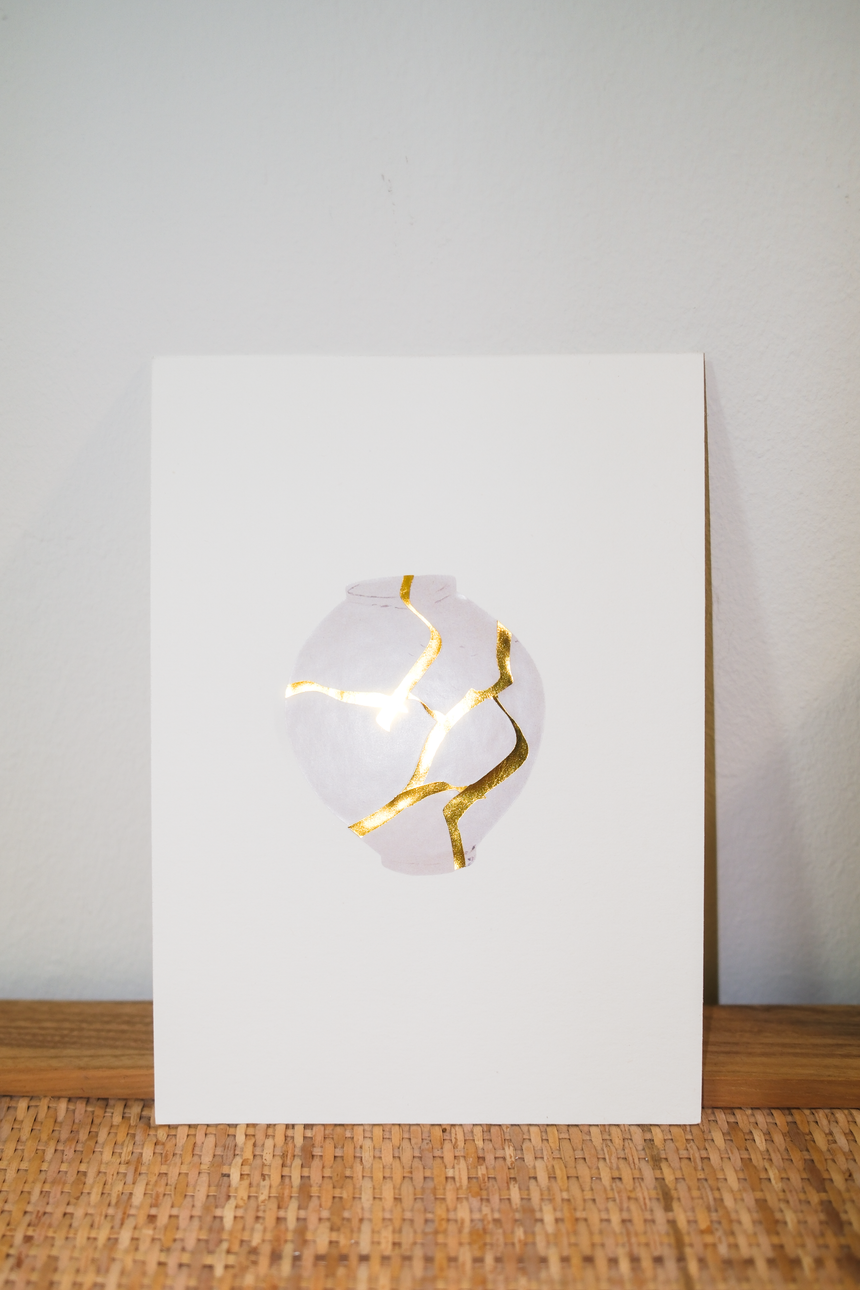 Kintsugi Moon Jar Art Set • Gold Foil Stickers • A5 Cotton Paper Gift