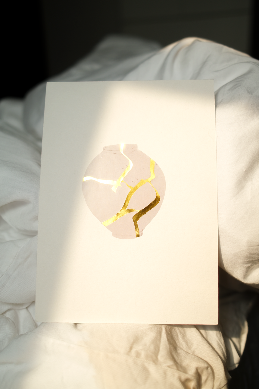 Kintsugi Moon Jar Art Set • Gold Foil Stickers • A5 Cotton Paper Gift