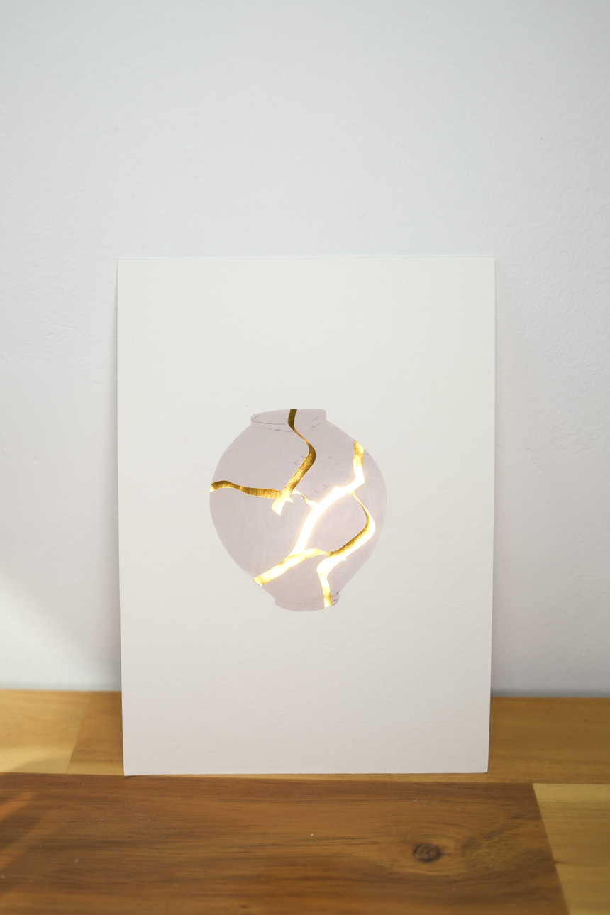 Kintsugi Moon Jar Art Set • Gold Foil Stickers • A5 Cotton Paper Gift