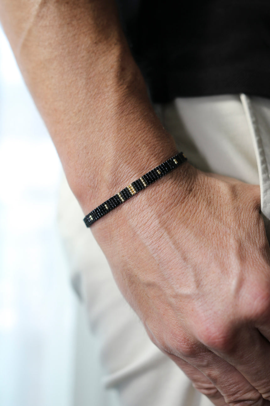 Black & Gold Column Beaded Loom Bracelet