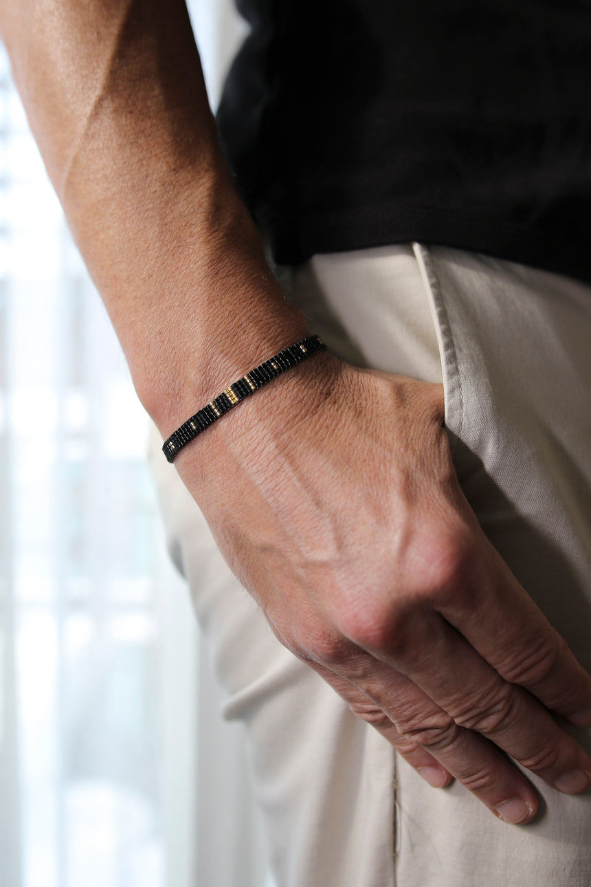 Black & Gold Column Beaded Loom Bracelet