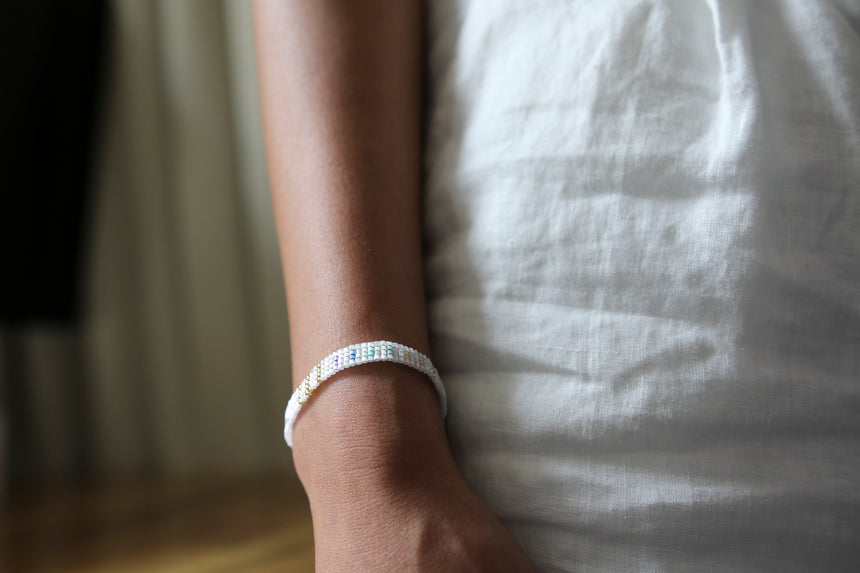 Rainbow On White Beaded Loom Bracelet