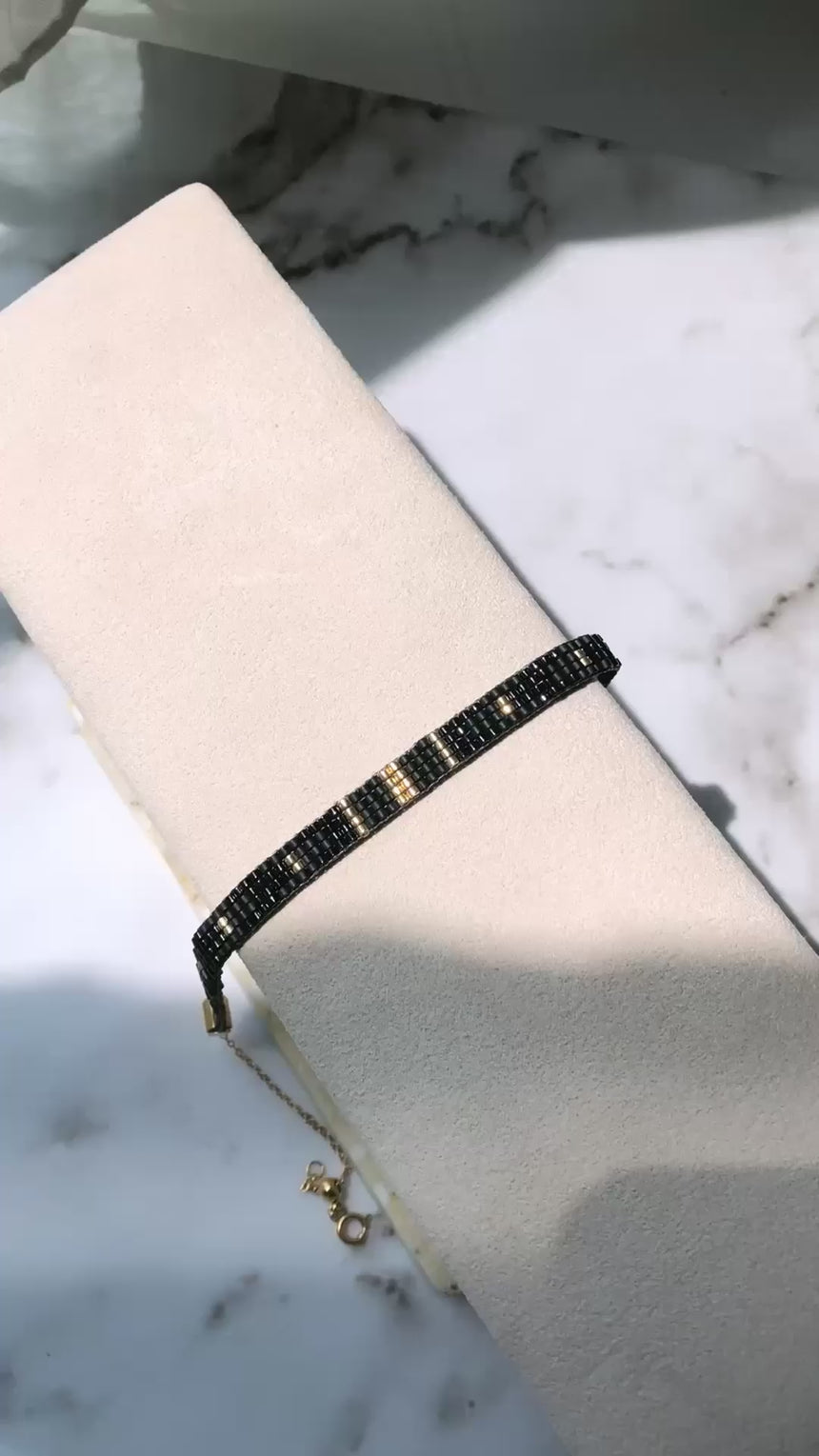 Black & Gold Column Beaded Loom Bracelet