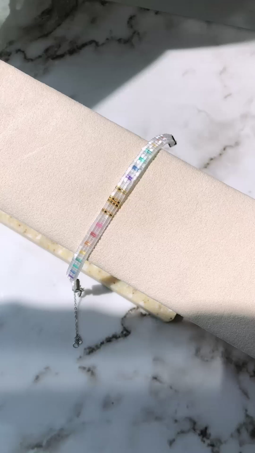 Rainbow On White Beaded Loom Bracelet